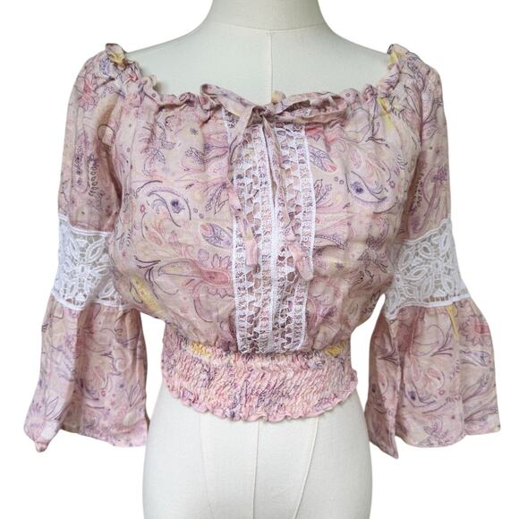 NWT Temptation Positano Paisley Linen Off The Shoulder Top coquette Cottagecore - Picture 10 of 11